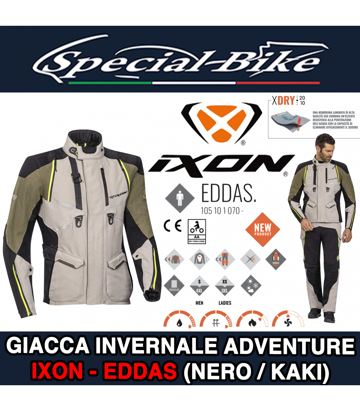 Giacca Moto ADVENTURE IXON EDDAS Nero Kaki