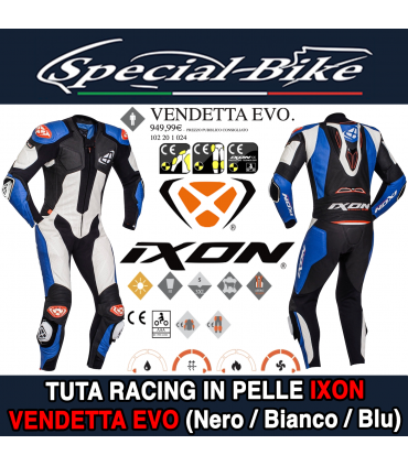 Tuta Racing in Pelle IXON VENDETTA EVO MOTOGP Nero Bianco Blu