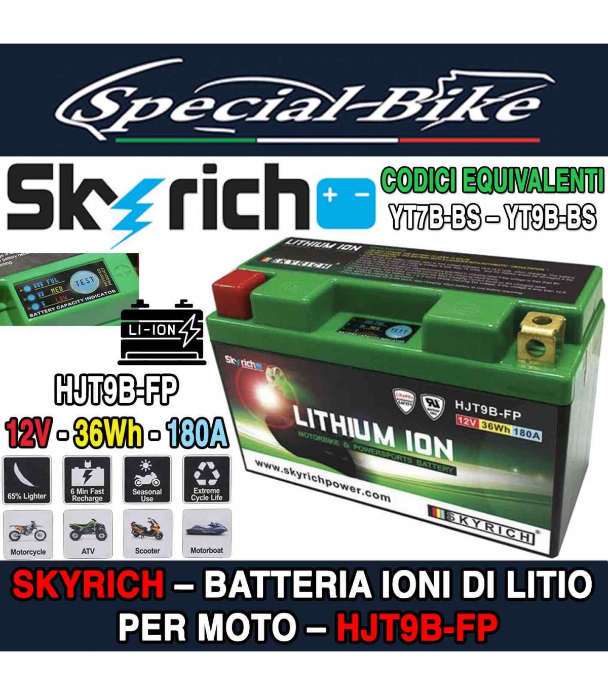 Batteria Moto SKYRICH IONI DI LITIO HJT9B-FP 12V 36Wh 180A