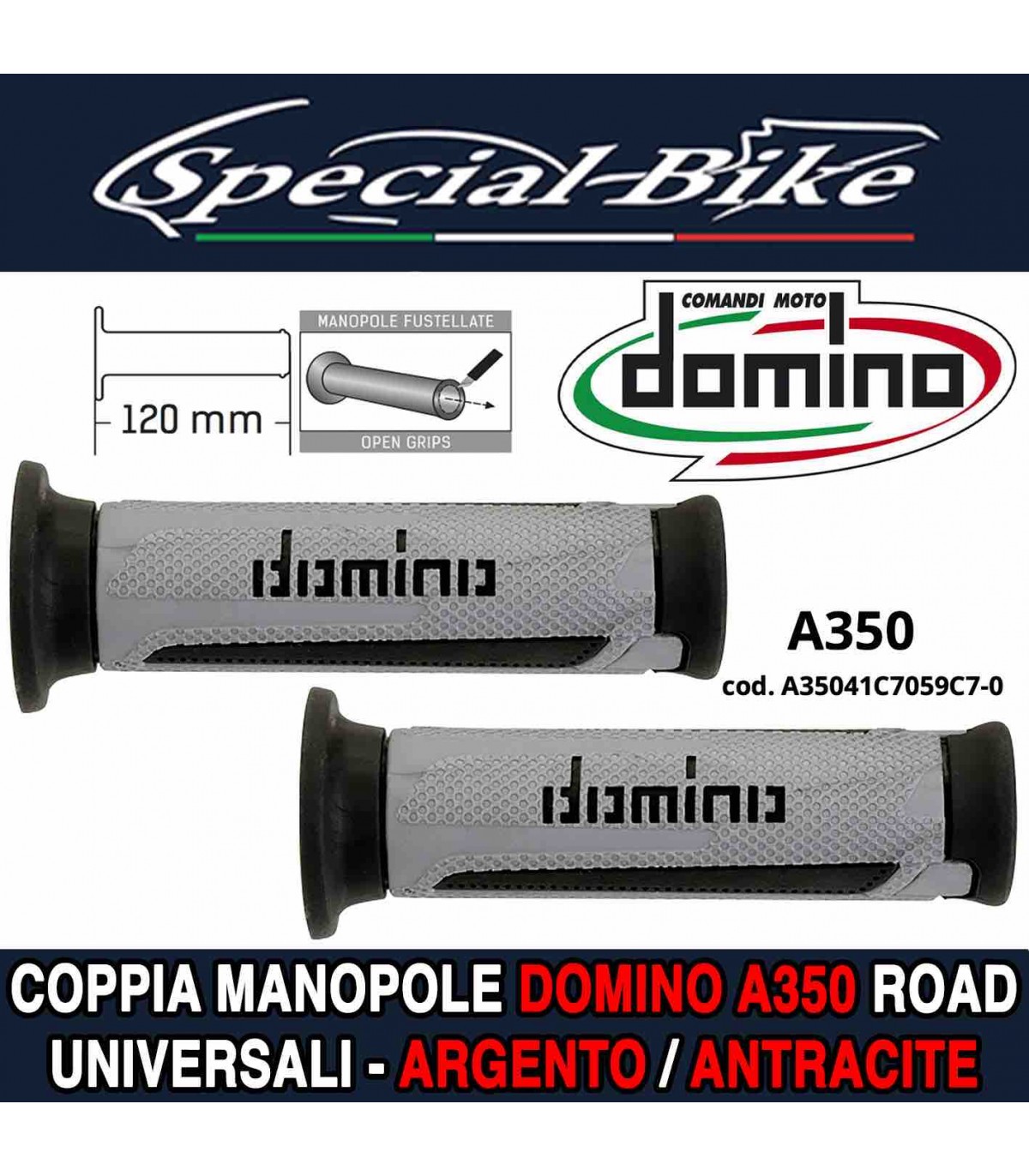 Coppia Manopole Domino A350 Road per Moto Scooter Argento Antracite