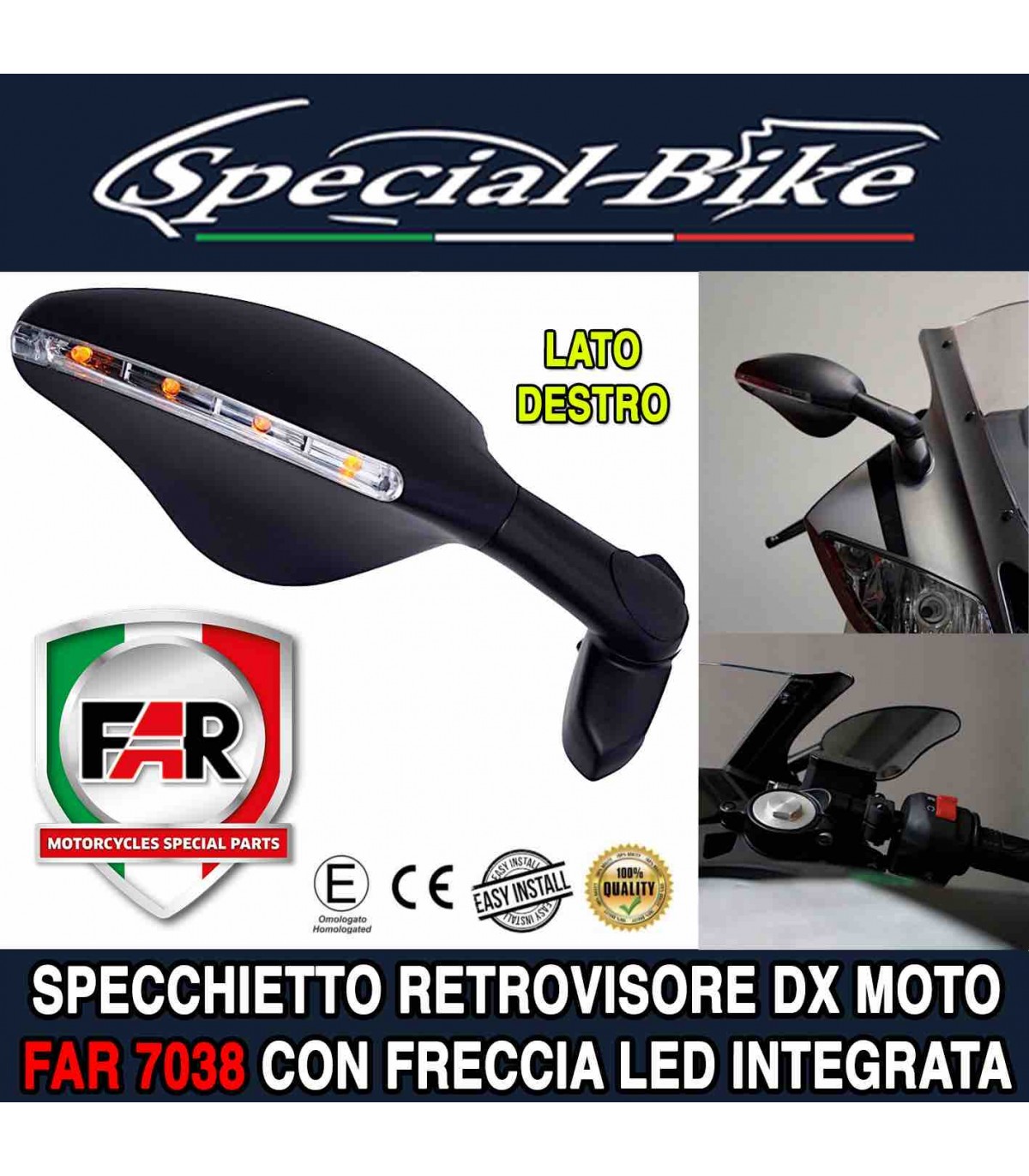 Specchietto Retrovisore Destro Moto FAR 7038 Attacco Carena +